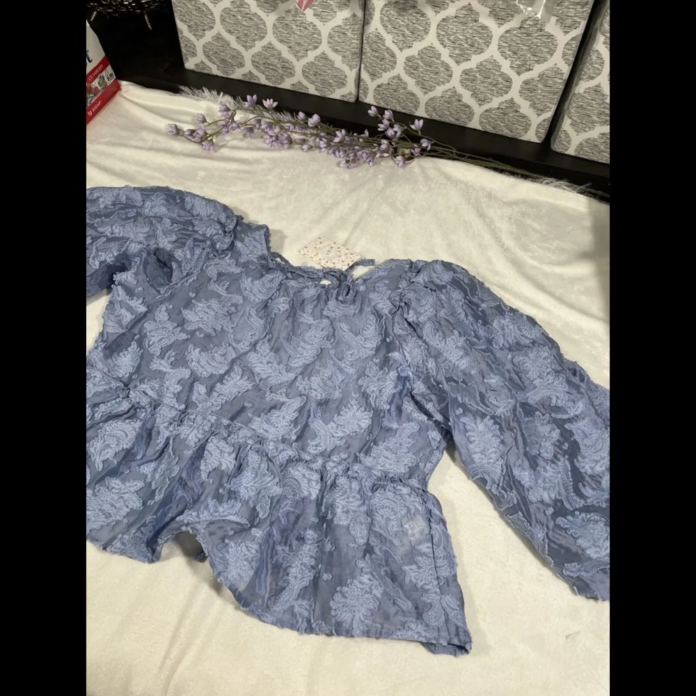 NWT Free People [ Small ] Calli Balloon‎ Sleeve Top in Bluemoon Quartz